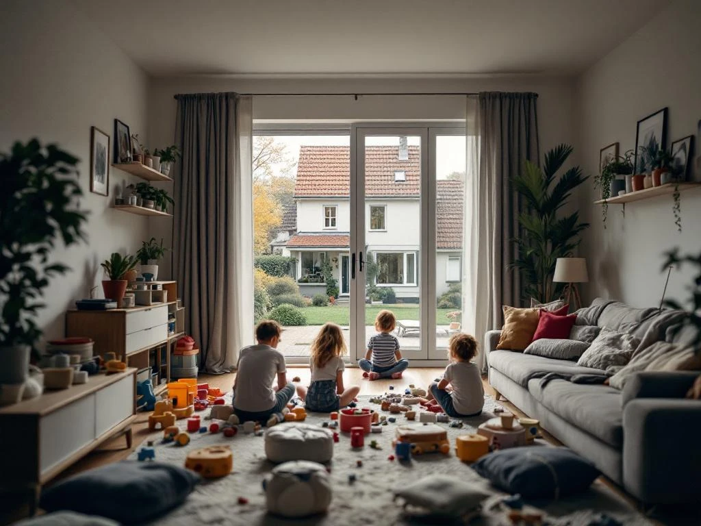 Jonge familie in krappe woonkamer kijkt door raam naar ruime nieuwe woning in Waddinxveen, Nederland