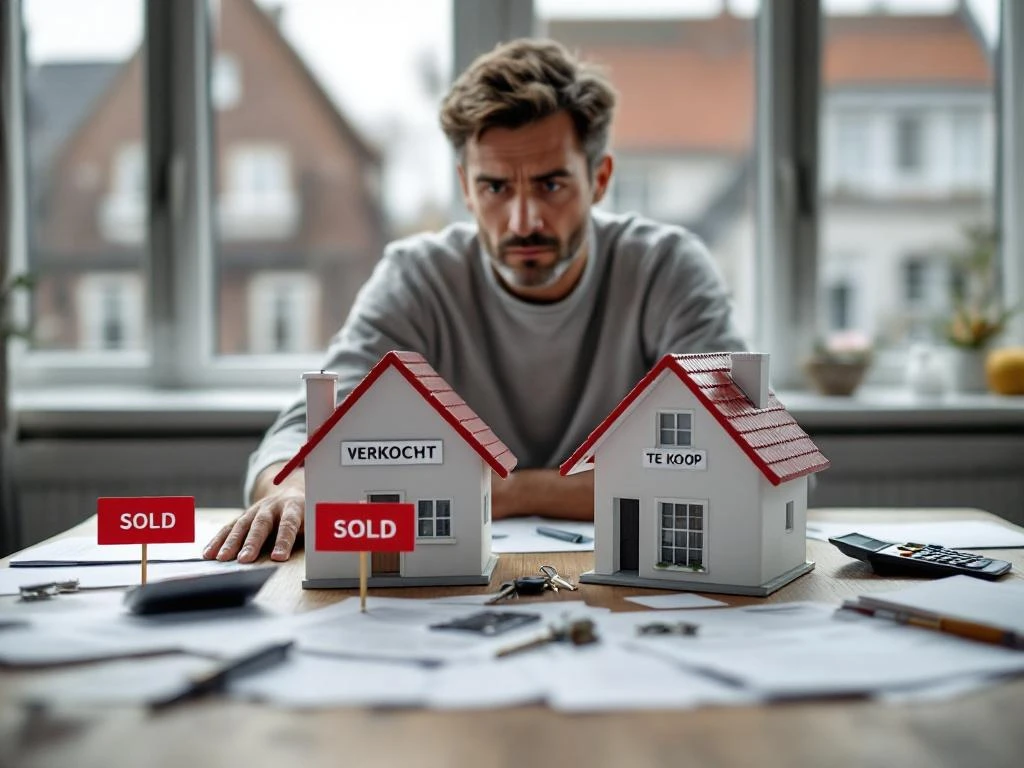 Bezorgde huiseigenaar staat tussen twee huismodellen met "VERKOCHT" en "TE KOOP" borden op houten tafel met documenten