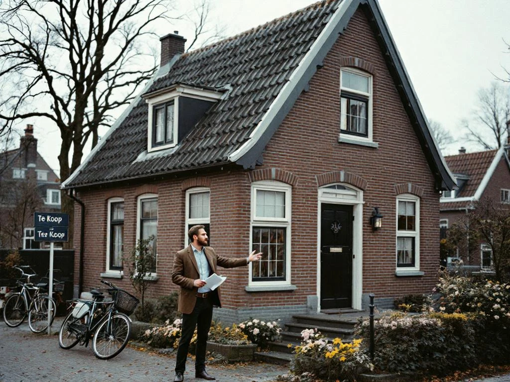 Makelaar toont traditioneel Nederlands bakstenen huis met Te Koop bord in Gouda woonwijk