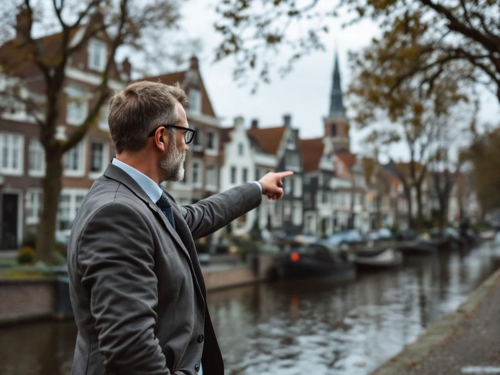 Nederlandse makelaar wijst naar historisch grachtenpand met trapgevel in Gouda centrum