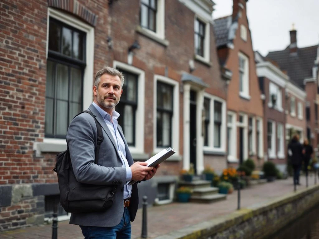 Makelaar onderzoekt historisch grachtenpand met trapgevel in Gouda binnenstad bij bewolkte dag