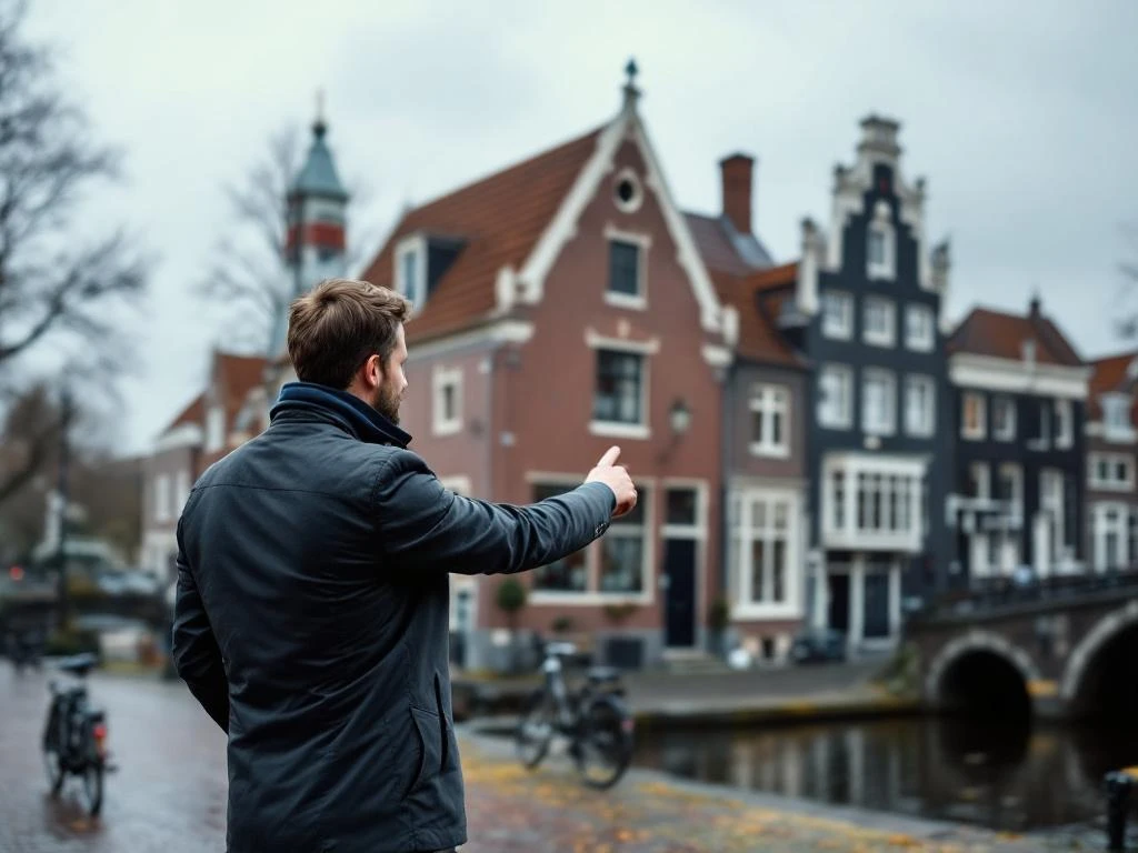 Makelaar wijst naar historisch grachtenpand met trapgevel in centrum Gouda, Nederland