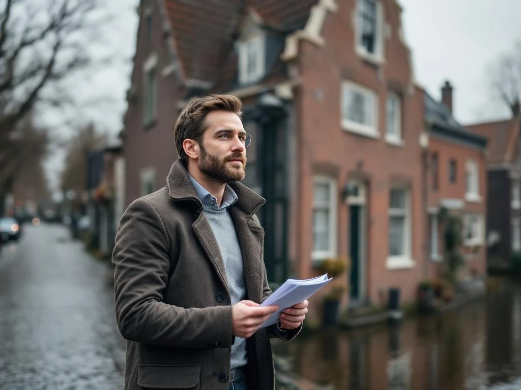 Makelaar in zakelijke kleding wijst naar historisch Gouds grachtenpand met trapgevel aan gracht