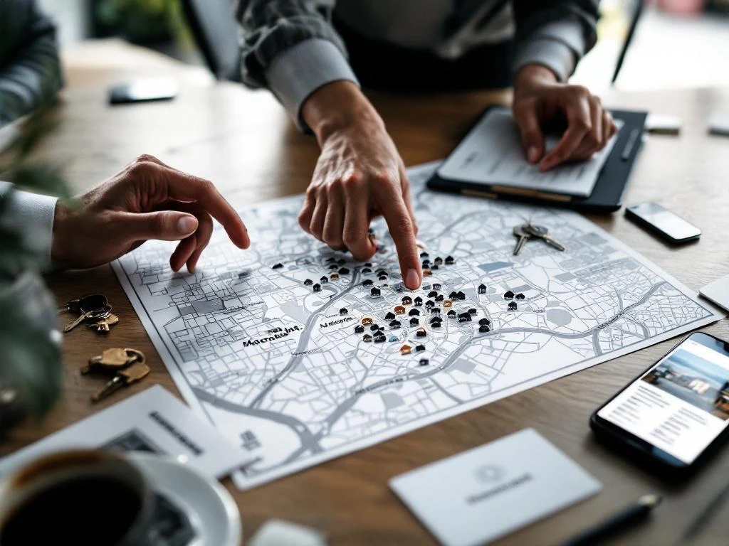 Makelaar wijst naar buurtkaart op houten bureau met huissleutels, visitekaartjes en smartphone met woningaanbod