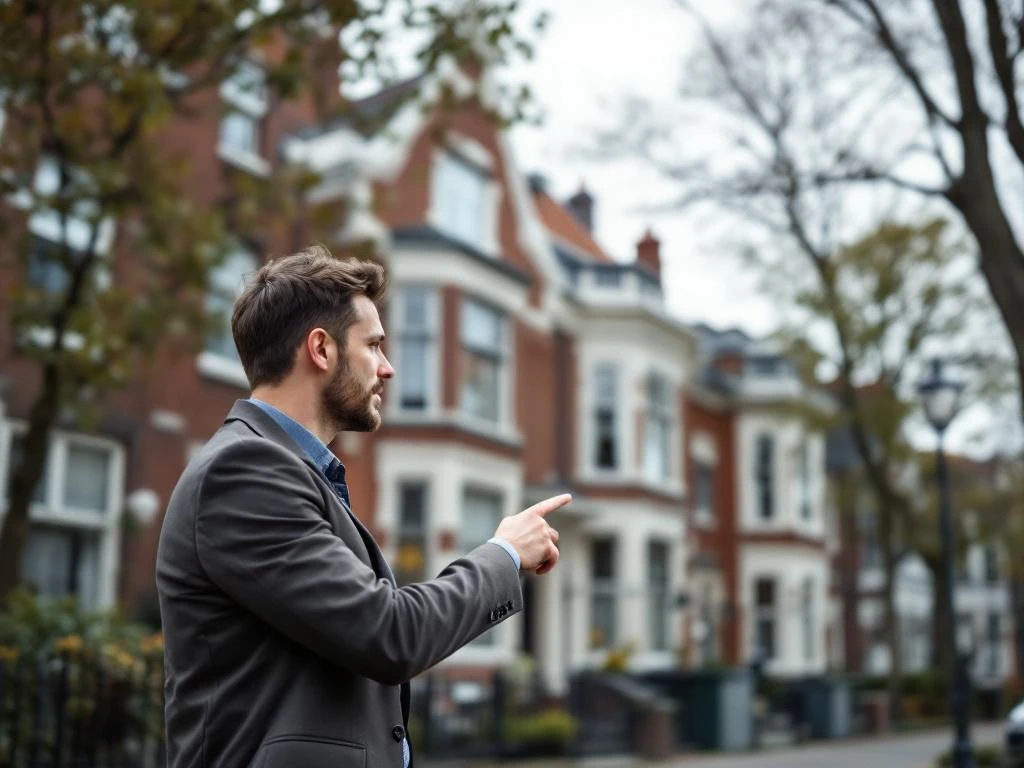 Makelaar wijst naar herenhuis met erker in Kralingen, Rotterdam op bewolkte dag