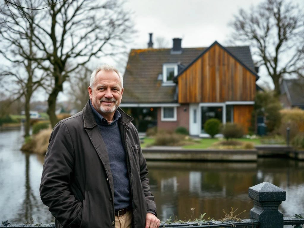Makelaar presenteert traditioneel Nederlands huis uit jaren 70-80 met grote tuin in Reeuwijk bij waterpartij