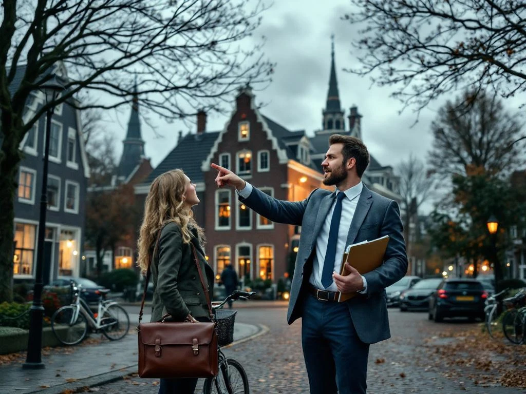 Makelaar begeleidt klanten bij traditioneel bakstenen huis in Gouda woonstraat met Nederlandse architectuur