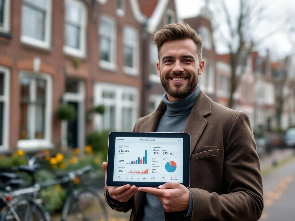 Makelaar met tablet toont buurtstatistieken voor traditionele Nederlandse rijtjeshuizen in Gouda