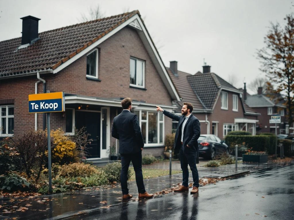 Makelaar wijst naar traditioneel Nederlands huis met Te Koop bord op Goudse straat onder bewolkte hemel