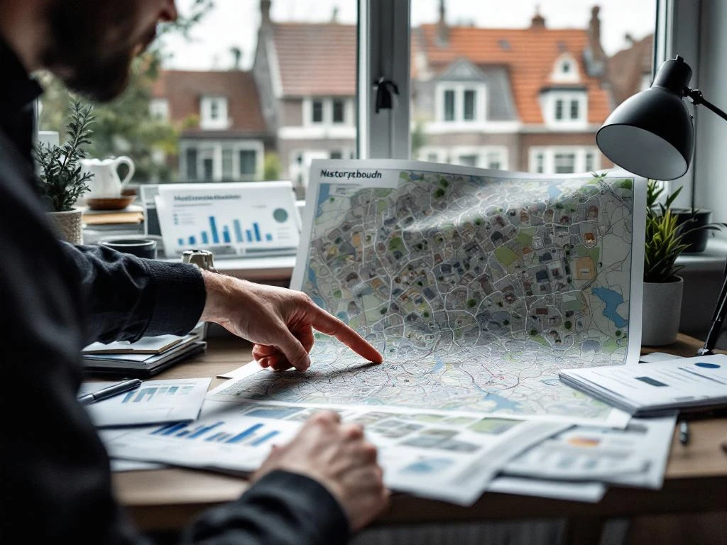 Ervaren makelaar wijst naar buurtkaart op bureau met woningaanbiedingen, kantoor Gouda met Nederlandse huizen op achtergrond