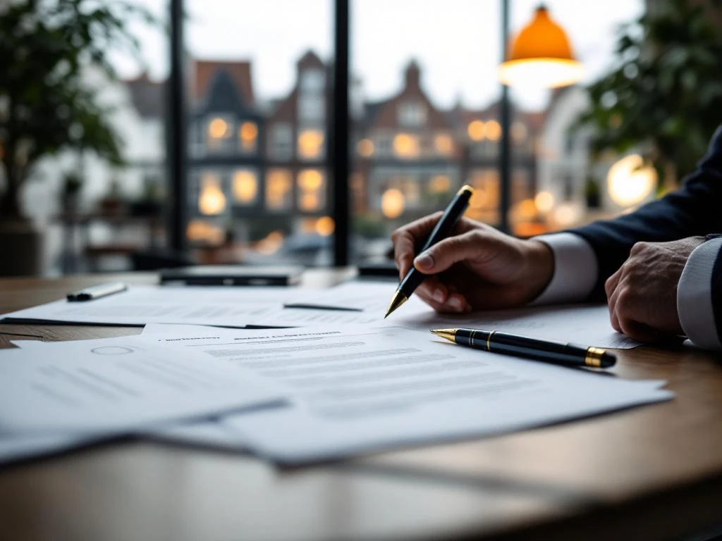 Vastgoedconsultatie in modern kantoor Gouda met juridische documenten en contracten op houten bureau
