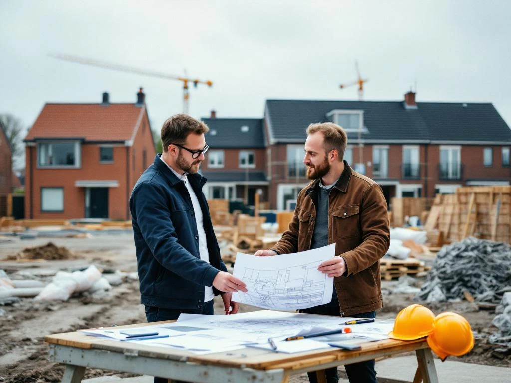 Makelaar en projectontwikkelaar bespreken bouwplannen op bouwplaats met nieuwe woningen in Gouda, Nederland