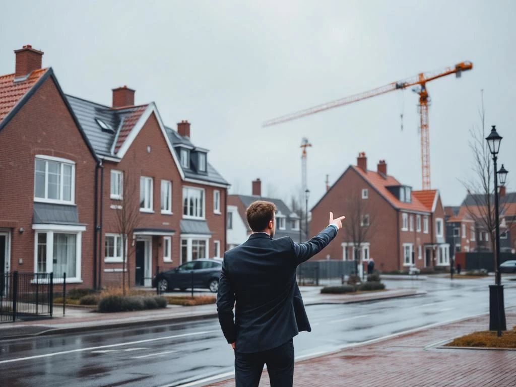Makelaar wijst naar moderne Nederlandse rijtjeshuizen in aanbouw in Gouda onder bewolkte hemel