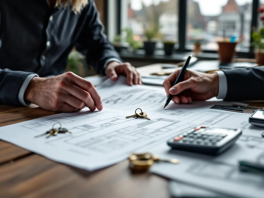 Vastgoedtaxateur bestudeert waarderingsrapporten aan bureau met huissleutels en bouwplannen in Gouda kantoor