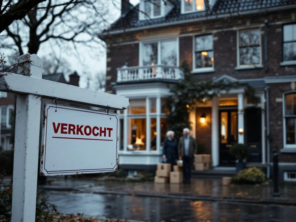 Traditioneel Nederlands bakstenen huis met VERKOCHT bord, oudere bewoners bij raam, verhuisdozen bij voordeur, Gouda