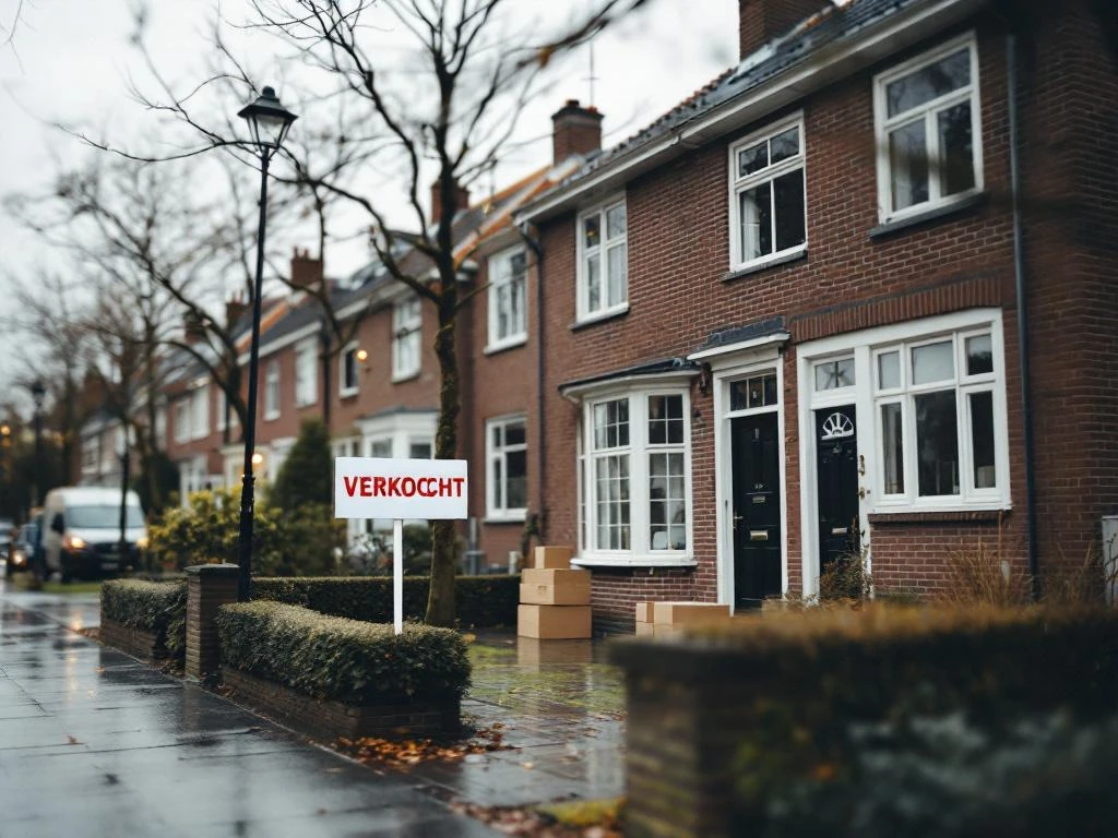 Traditioneel Nederlands rijtjeshuis met VERKOCHT-bord en verhuisdozen, rode bakstenen gevel, Gouda woonstraat