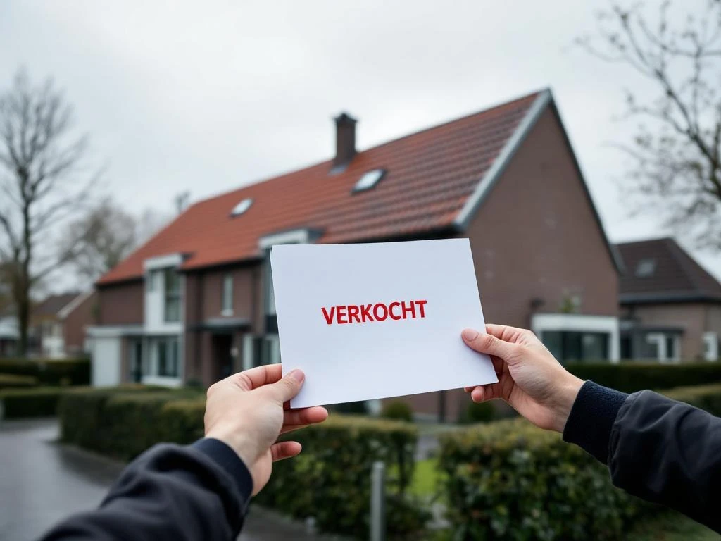 Handen met huissleutels en contract voor verkocht Nederlands bakstenen huis met rode dakpannen in Gouda