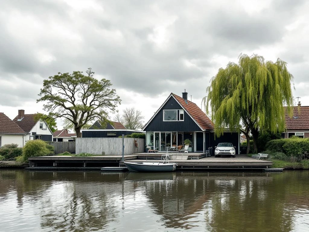 Waterfront woning met rieten dak aan Reeuwijkse Plassen, houten steiger met bootje onder bewolkte hemel, Nederland