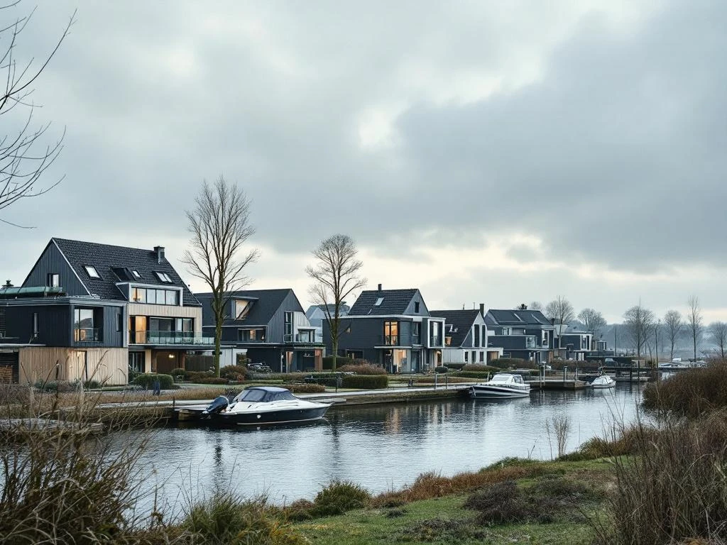 Moderne jaren '80 woningen langs Reeuwijkse Plassen met houten steigers, boten en rietgedekte daken onder bewolkte hemel