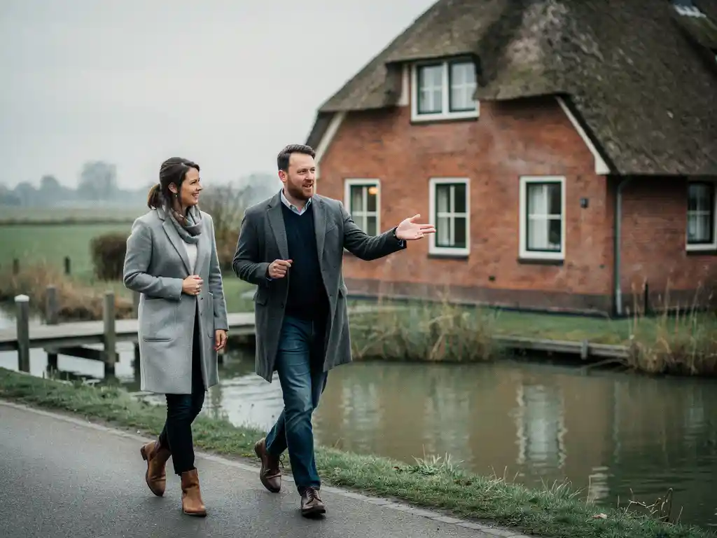 Aankoopmakelaar bespreekt vrijstaande woning met rieten dak in Reeuwijk met klant, polderwaterway en houten aanlegsteiger op achtergrond.
