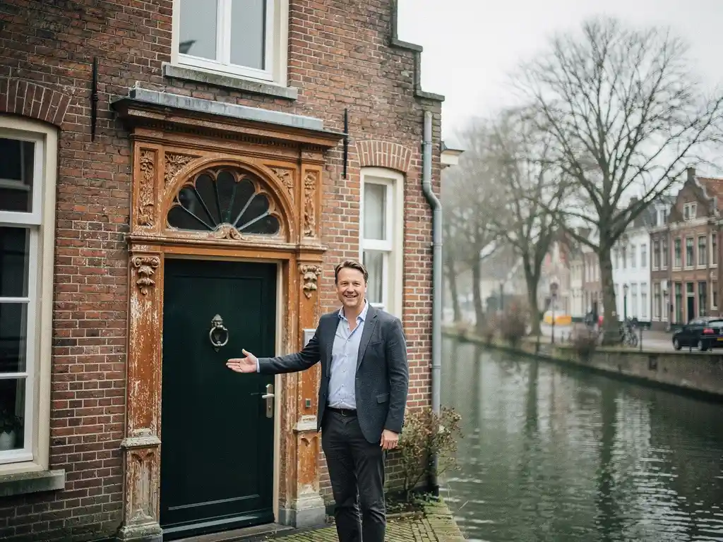 Aankoopmakelaar in casual zakelijke kleding bij de trapgevel van een 17e-eeuws grachtenpand in Gouda, smalle gracht op de achtergrond.