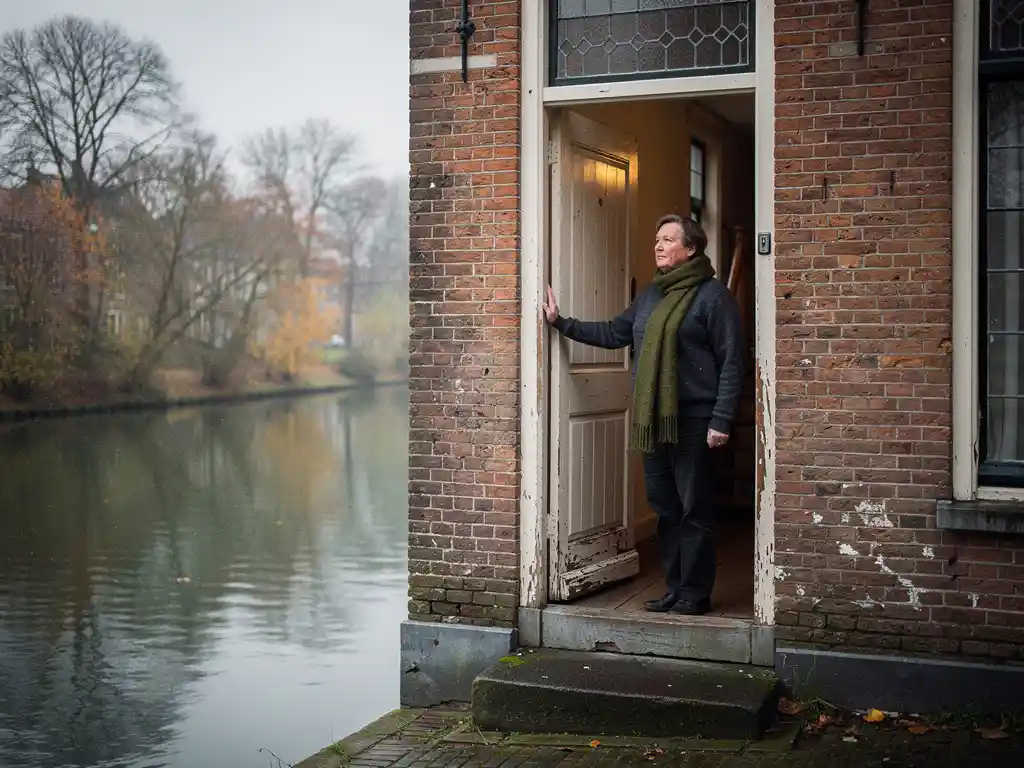Huiseigenaar in deuropening van 17e-eeuws grachtenpand in Gouda, kijkend naar kale herfstbomen weerspiegeld in het stille water.