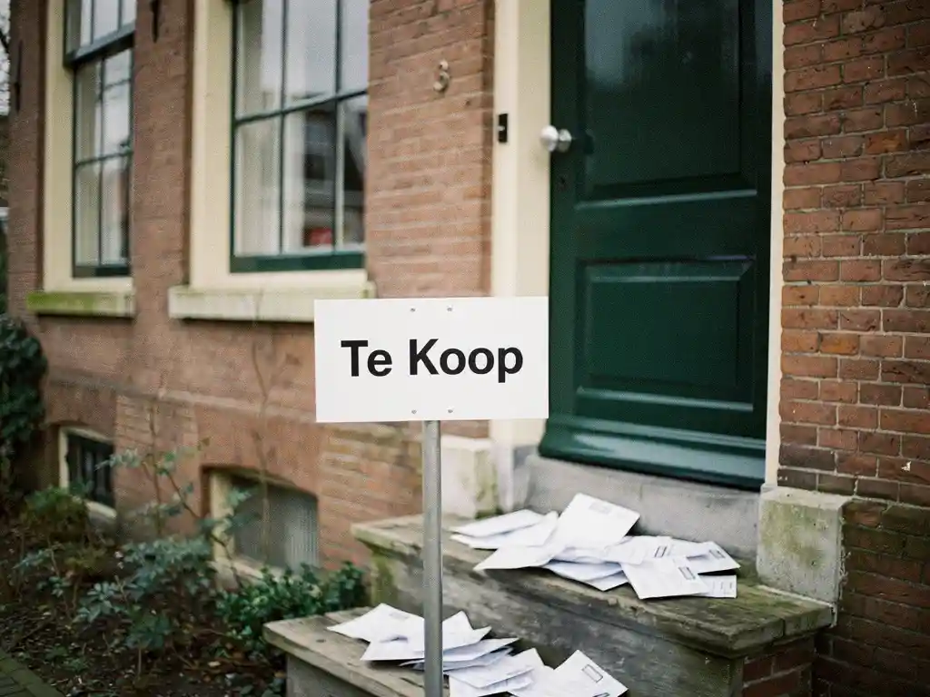 Te Koop-bord voor een Goudse trapgevelwoning van rode baksteen, met meerdere biedingsenveloppen op de versleten houten drempel.