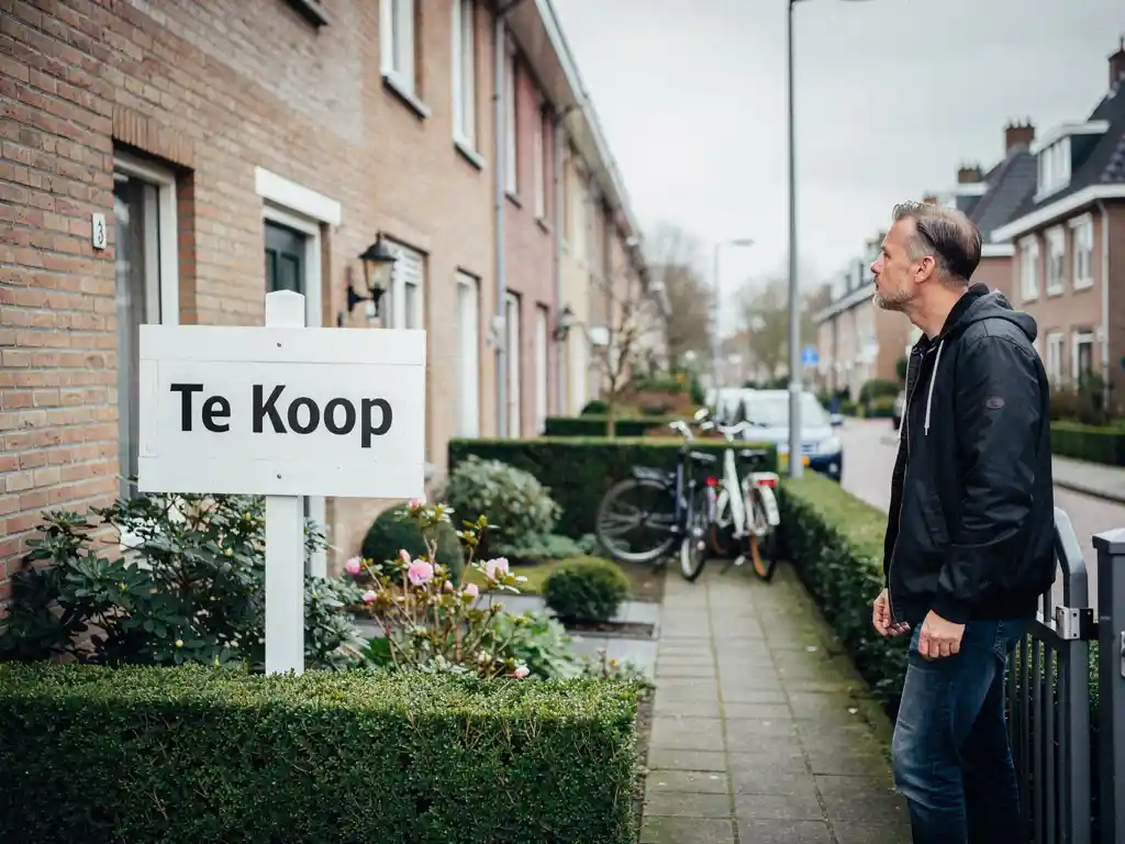 Te Koop-bord in voortuin van lichtbakstenen rijtjeshuis in Waddinxveen, met geïnteresseerde voorbijganger bij het hek.