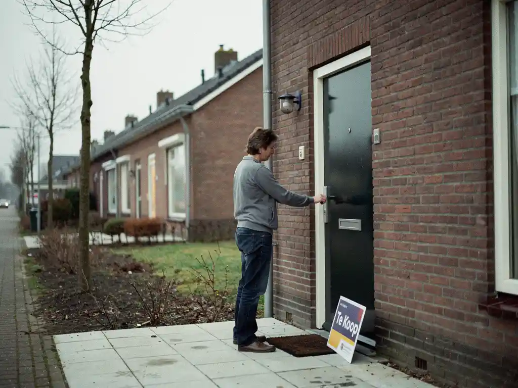 Huiseigenaar bij voordeur van bakstenen rijtjeshuis in Waddinxveen met Te Koop-bord, zonder makelaar, bewolkte ochtend.