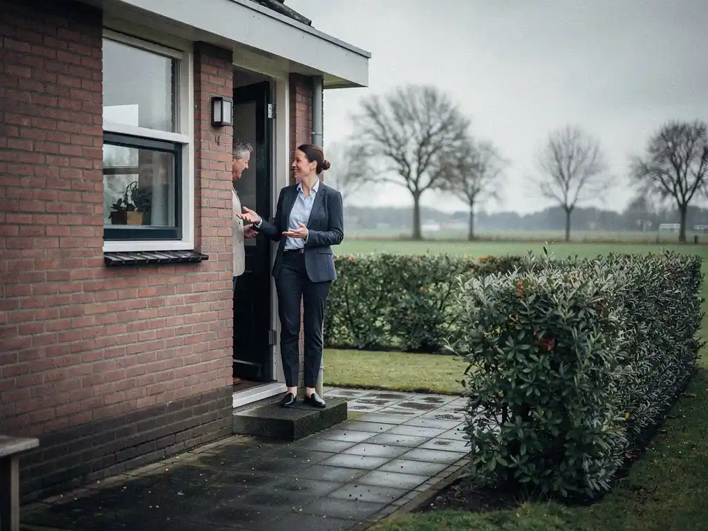 Makelaar in gesprek met huiseigenaar bij de voordeur van een jaren zeventig bakstenen woning in Reeuwijk.