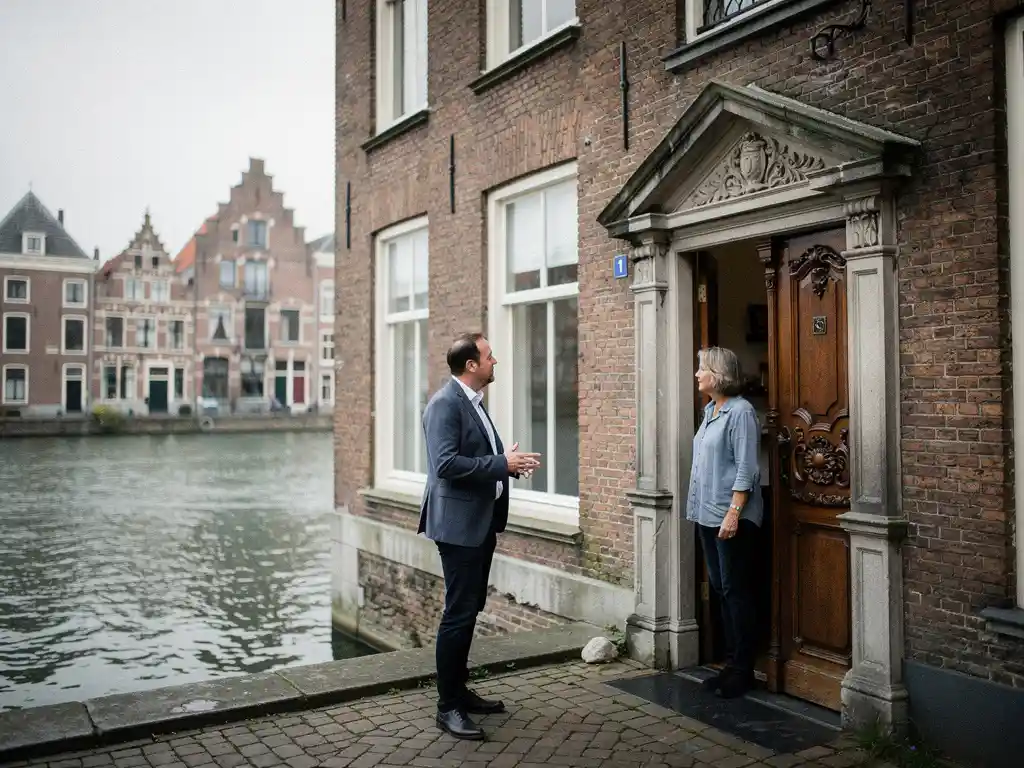 Makelaar in gesprek met huiseigenaar bij de houten voordeur van een 17e-eeuws Gouds grachtenpand met trapgevel op de achtergrond.