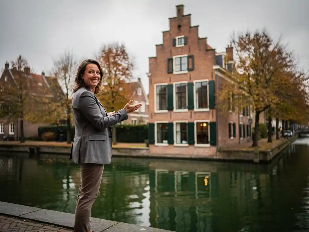 Gouda makelaar wijst naar een klassiek Nederlands grachtenpand met trapgevel, rode baksteen en houten luiken langs een herfstige gracht.