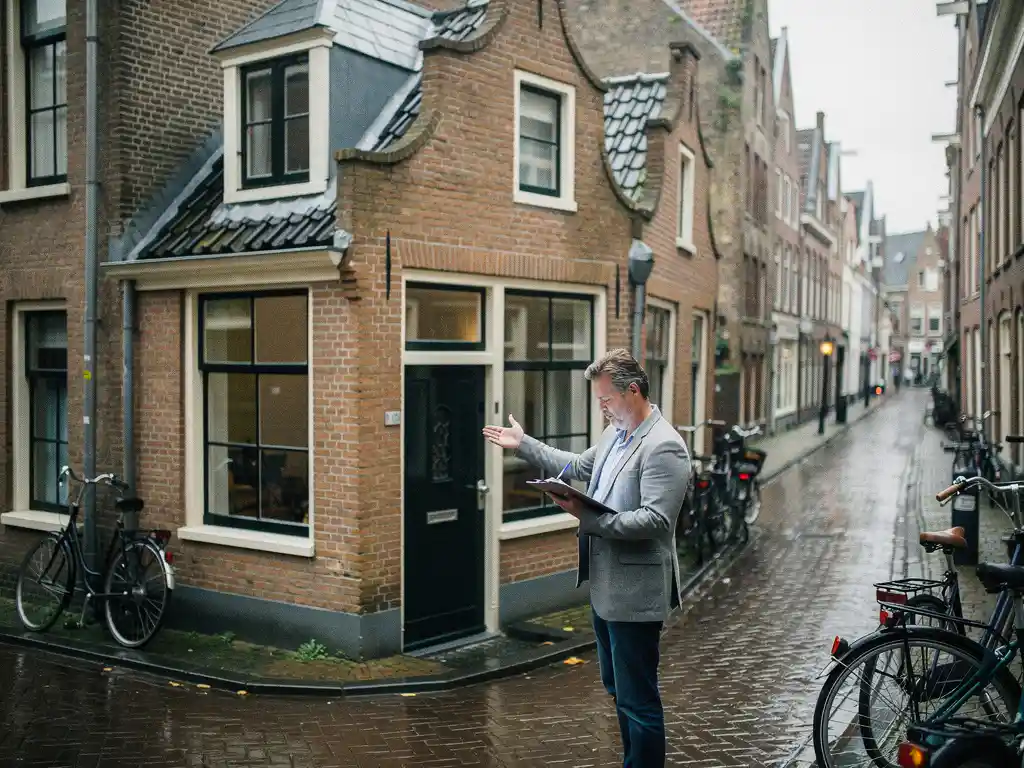 Makelaar met klembord bij de voordeur van een Gouds grachtenpand met trapgevel, natte kinderkopjes en geparkeerde fietsen op de achtergrond.