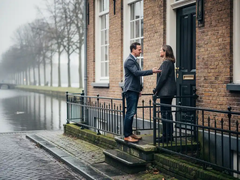 Makelaar bespreekt verkoop van 17e-eeuws grachtenpand in Gouda met eigenaar bij de voordeur van een bakstenen herenhuis.