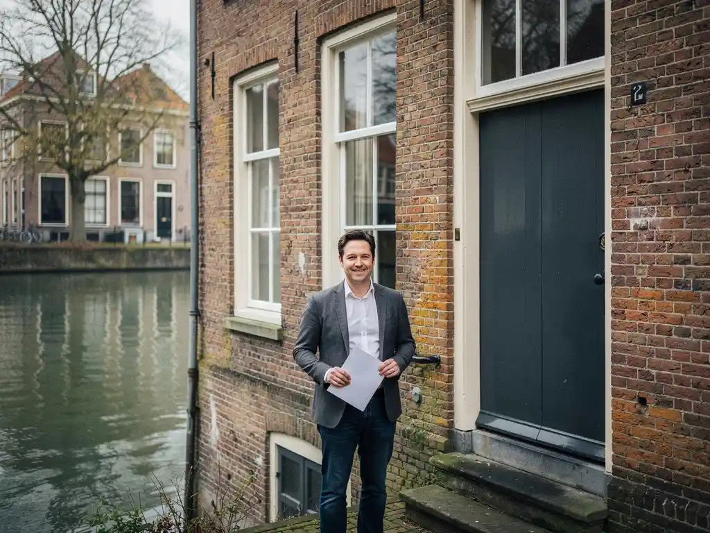 Makelaar met papierdocument bij ingang van 17e-eeuws grachtenpand in Gouda, kale bomen spiegelen in het water op de achtergrond.
