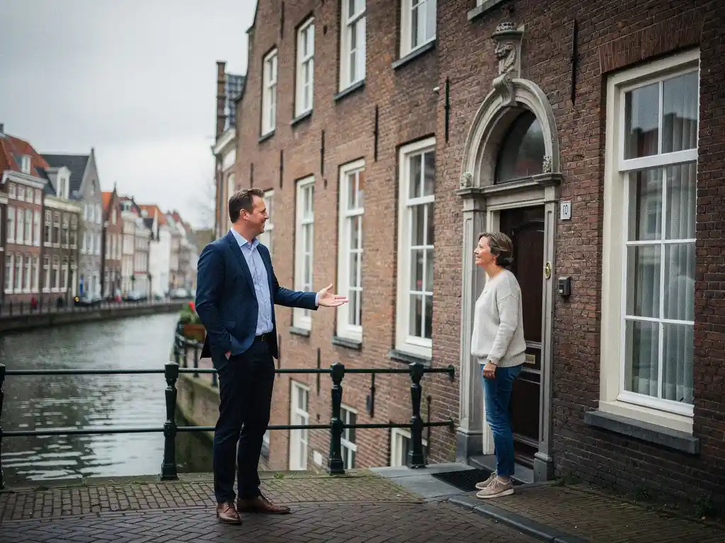 Makelaar in casual zakelijke kleding in gesprek met huiseigenaar bij de voordeur van een 17e-eeuws grachtenpand met trapgevel in Gouda.