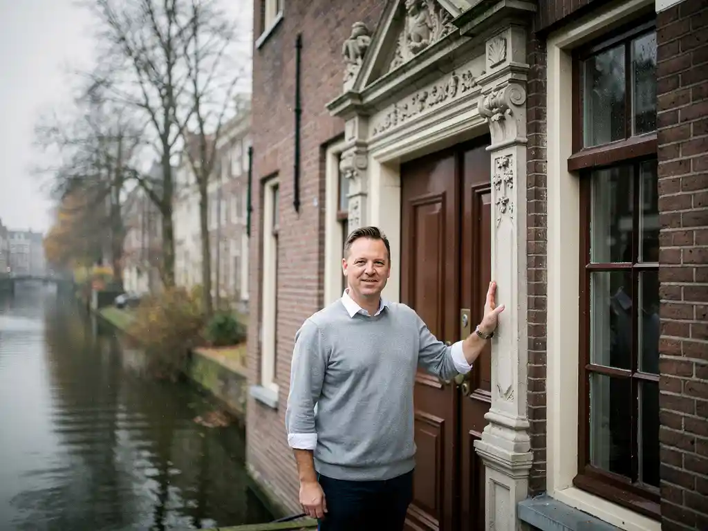 Makelaar in casual zakelijke kleding bij de voordeur van een 17e-eeuws Gouds grachtenpand met bakstenen trapgevel en sierlijk natuursteen.