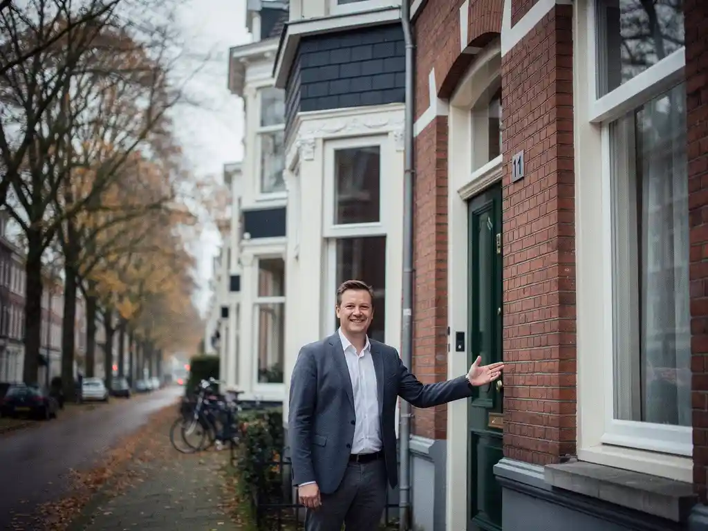 Makelaar in casual blazer bij de voordeur van een vooroorlogs herenhuis met erkers in Rotterdam Kralingen, wijzend naar vers geschilderde kozijnen.