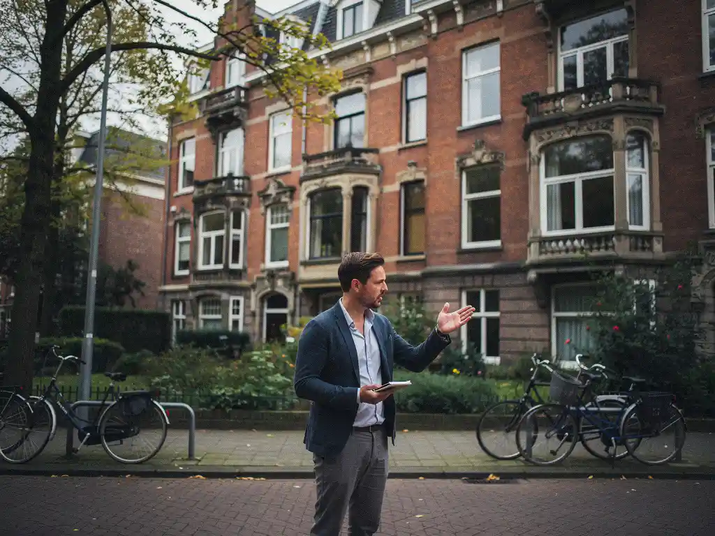 Makelaar in casual zakelijke kleding wijst naar de bakstenen gevel van een vooroorlogs herenhuis met erkers in Rotterdam Kralingen.