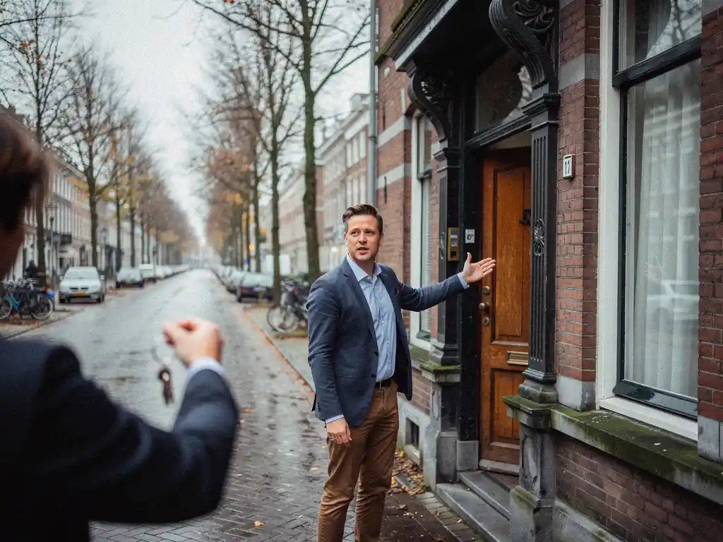 Makelaar in casual zakelijke kleding bij de voordeur van een vooroorlogs herenhuis in Rotterdam Kralingen, gebarend naar de gevel tijdens een overdrachtsmoment.