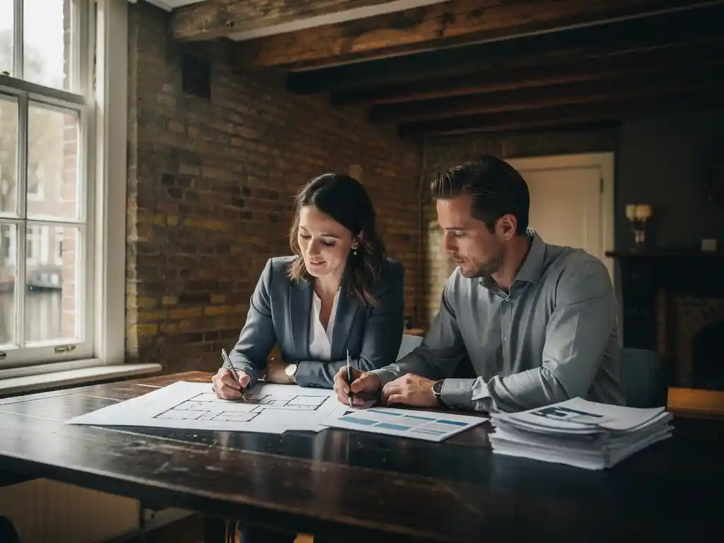 Makelaar en hypotheekadviseur bespreken plattegronden en financiële documenten aan een houten tafel in een Amsterdams grachtenpand.
