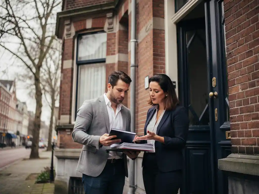 Makelaar en hypotheekadviseur bekijken documenten voor een vooroorlogs herenhuis met erker in Rotterdam Kralingen.