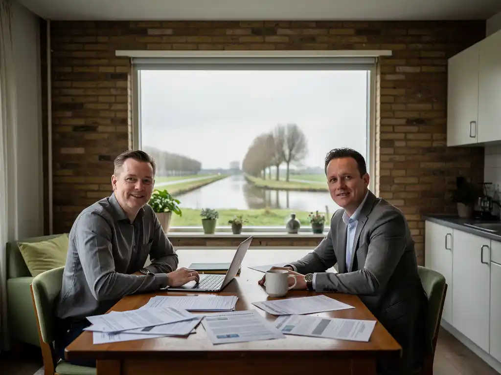 Makelaar en hypotheekadviseur bespreken documenten aan houten keukentafel in jaren 70-woning, met polderlandschap zichtbaar door tuinraam.