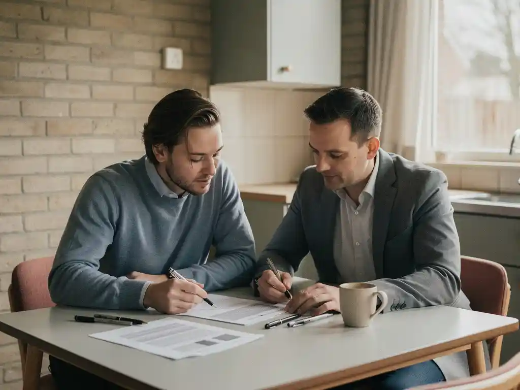 Makelaar en hypotheekadviseur bespreken documenten aan keukentafel in jaren '70 rijtjeshuis in Waddinxveen.