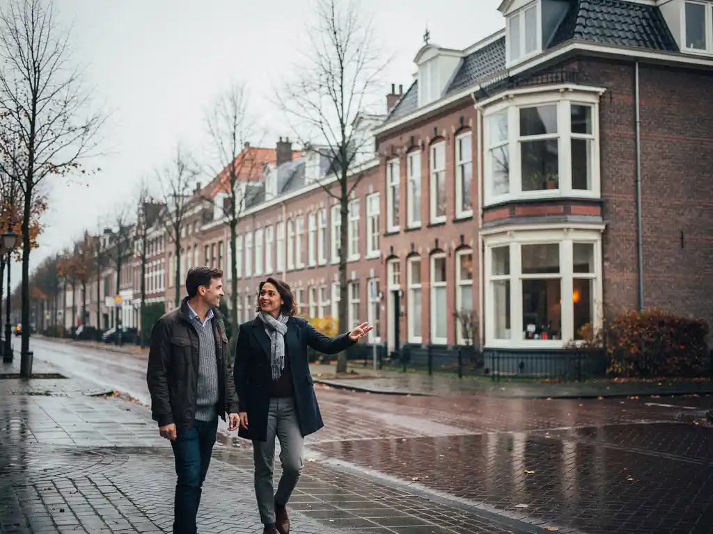 Makelaar en koper op een klinkerstraat in Kralingen, Rotterdam, voor een bakstenen herenhuis uit het interbellum met erker en kale herfstbomen.