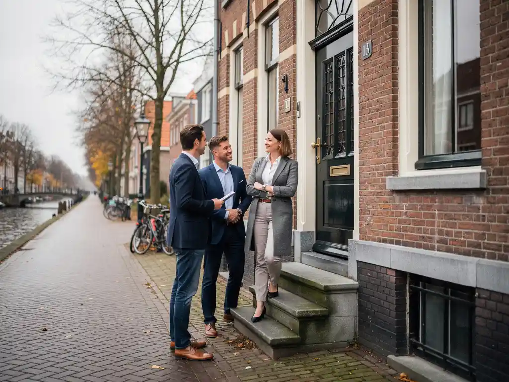 Makelaar overlegt met notaris en hypotheekadviseur op de stoep van een bakstenen grachtenpand in Gouda, kale herfstbomen op de achtergrond.