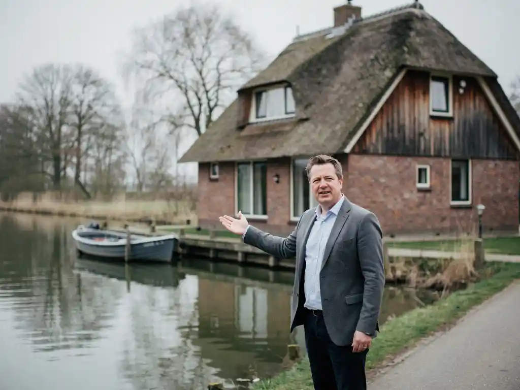 Makelaar wijst naar jaren '70 rieten villa aan het water in Reeuwijk, met houten steiger en afgemeerde boot op de achtergrond.