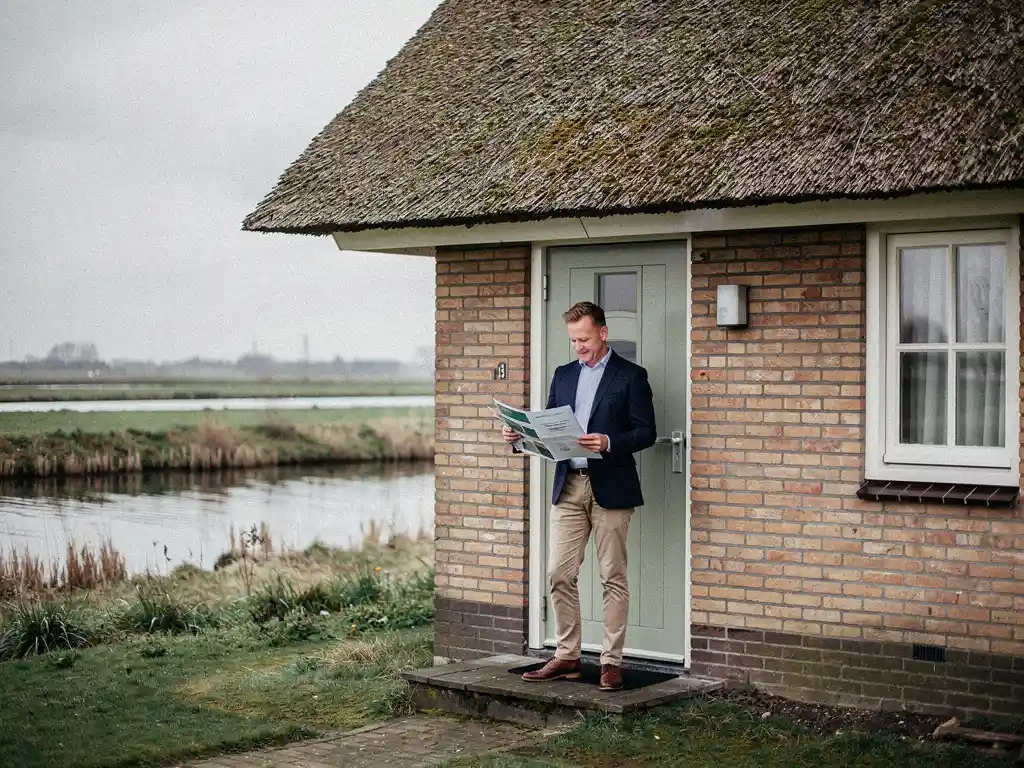Makelaar bekijkt taxatierapport bij voordeur van jaren 70 rieten woning in Reeuwijk, met polderlandschap op achtergrond.
