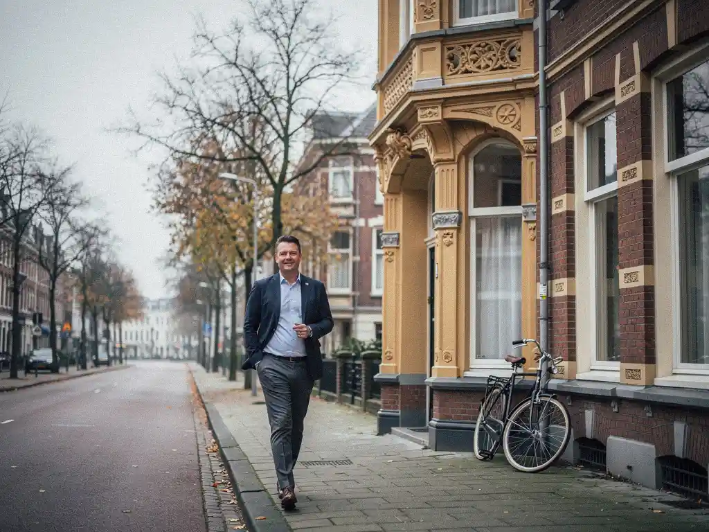 Rotterdamse makelaar in casual zakelijke kleding naast een vooroorlogs herenhuis met erkers aan een laan in Kralingen.
