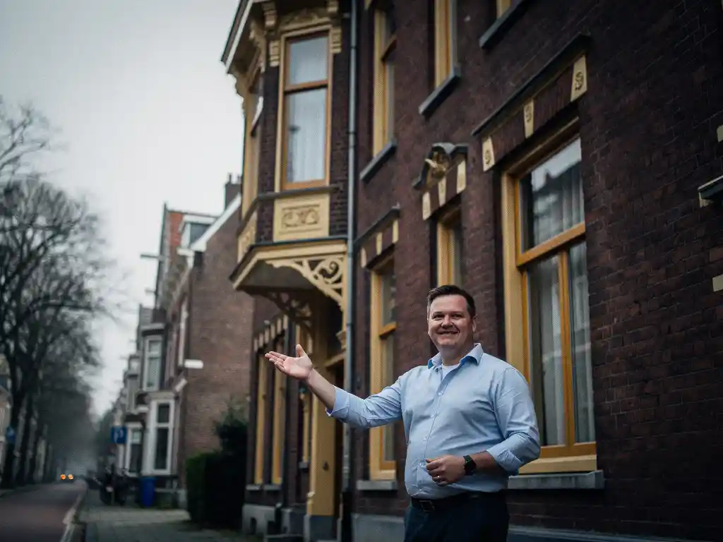 Makelaar in casual zakelijke kleding naast een vooroorlogs herenhuis met sierlijke erker in Rotterdam Kralingen, wijzend naar de bakstenen gevel.